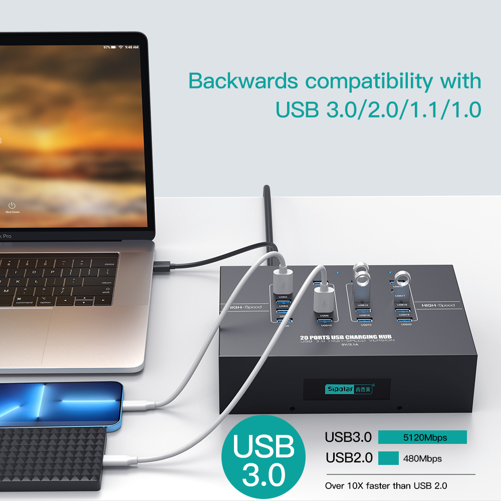 موزع شحن USB 3.0 بـ 20 منفذ مع - مراجعة Usb Hub وسعره